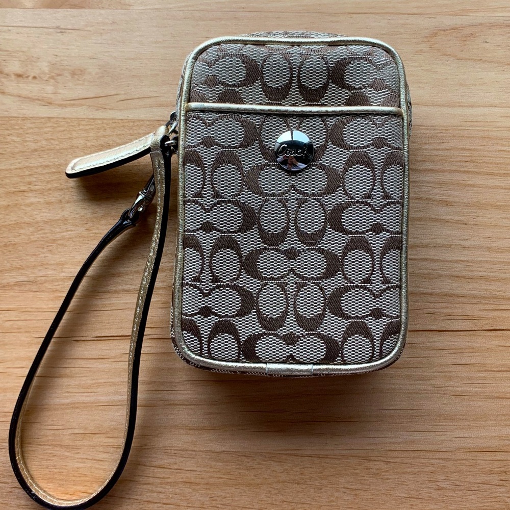 Small Tan & Gold Coach Wristlet